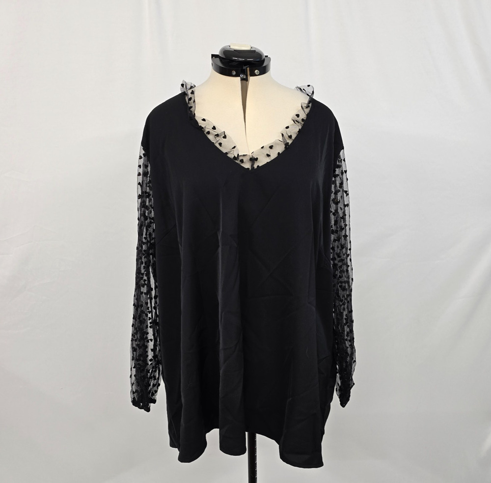 Black Sheer Sleeve V-Neck Women's Top